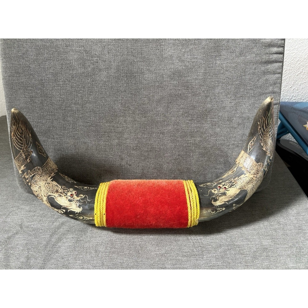Vintage Philippine‎ Scrimshaw Art Decorative Buffalo Horns w/ Chinese Dragons